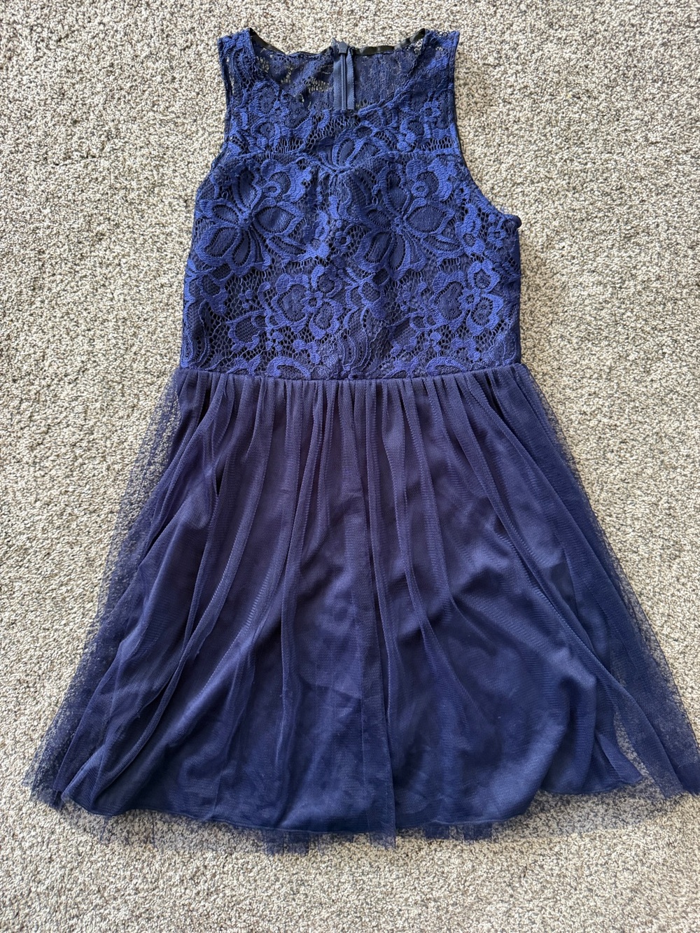 Blue lace dress with floral design, size 12. Nylon & spandex blend.